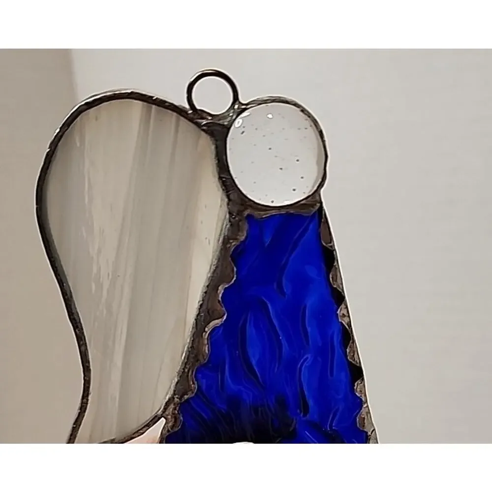 Stain Glass Angel Ornament Blue Textured Glass Body White Glass Wings 3.5”T